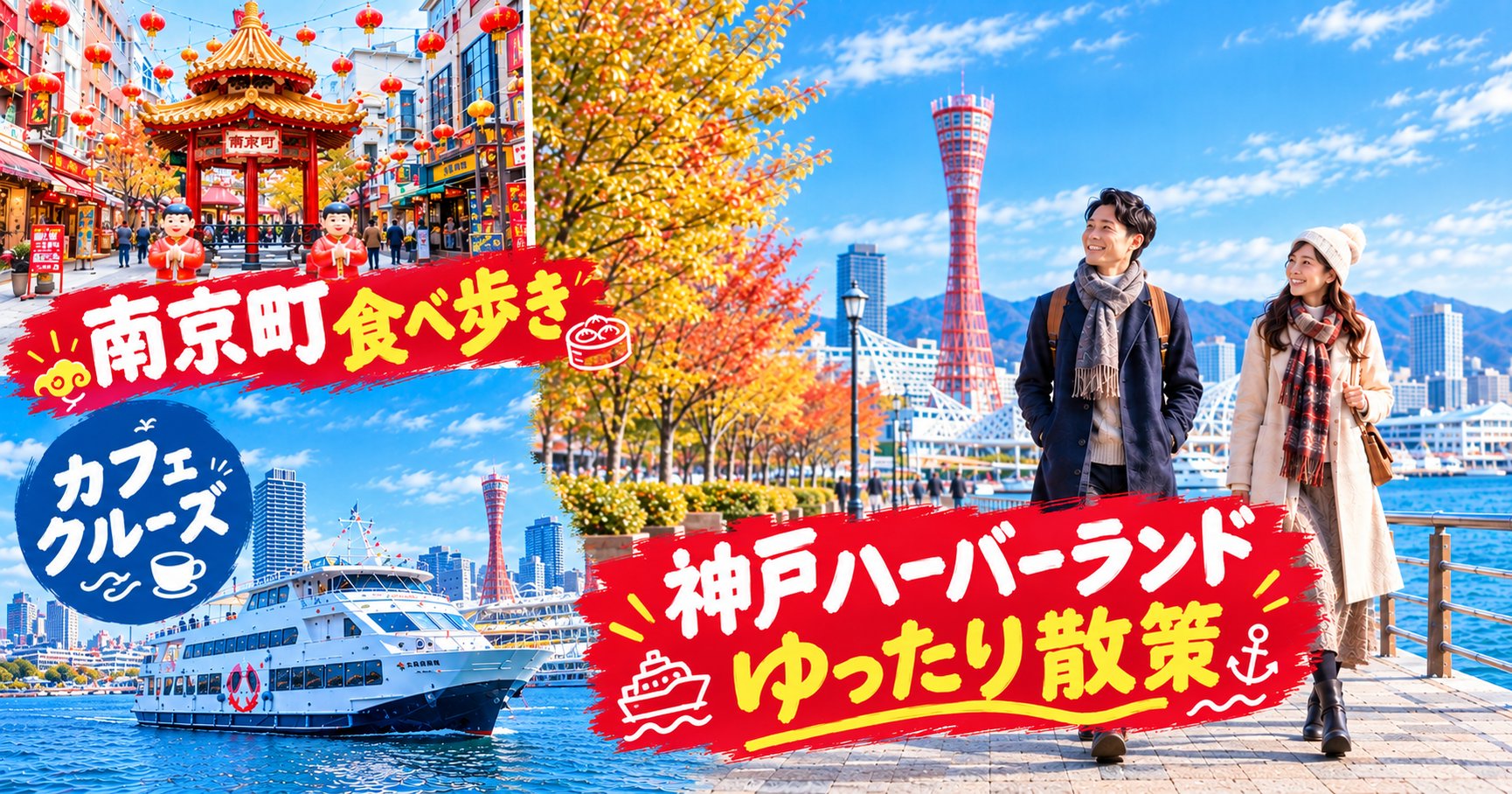 神戸南京町食べ歩きと神戸港カフェクルーズ&ハーバーランド